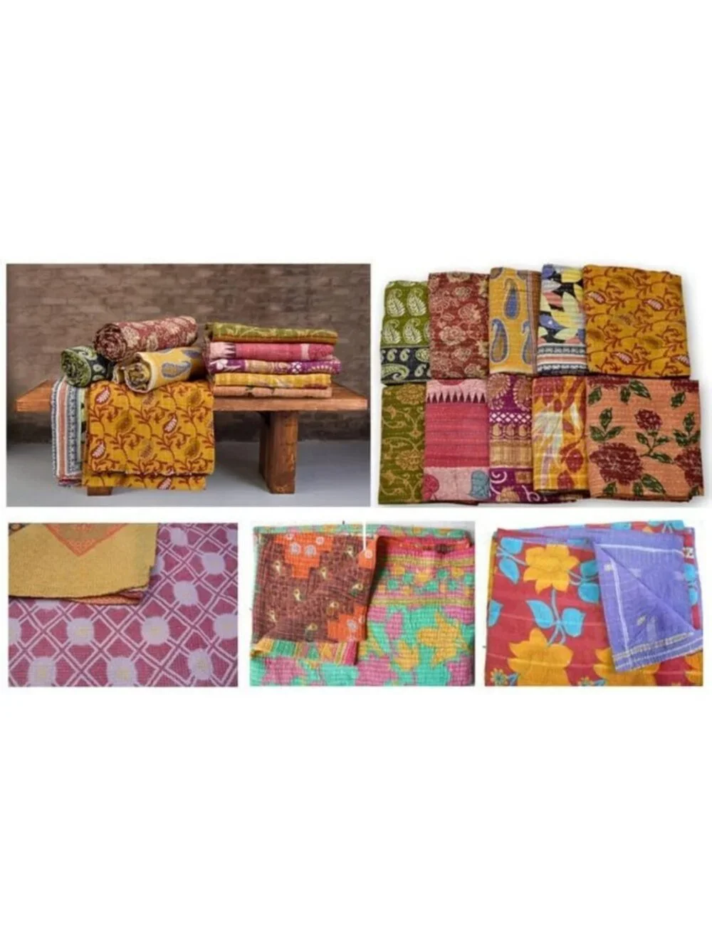 Handmade Vintage Kantha Quilt - Boho Bedding Throw Blanket, Old Saree Bedspread